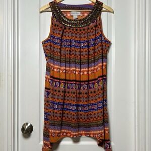 Fashion Avenue Boho Paisley Medallion Studded Neckline Sleeveless Tunic Top